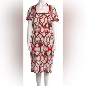 Escada Printed Midi Length Dress  with belt- Red and white 36